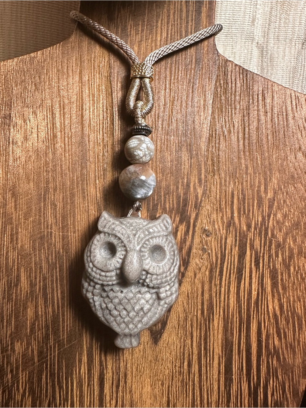 Alashan Agate Owl Pendant Necklace with Sunstone and Coral Fossil on Rope - Picture 7 of 12